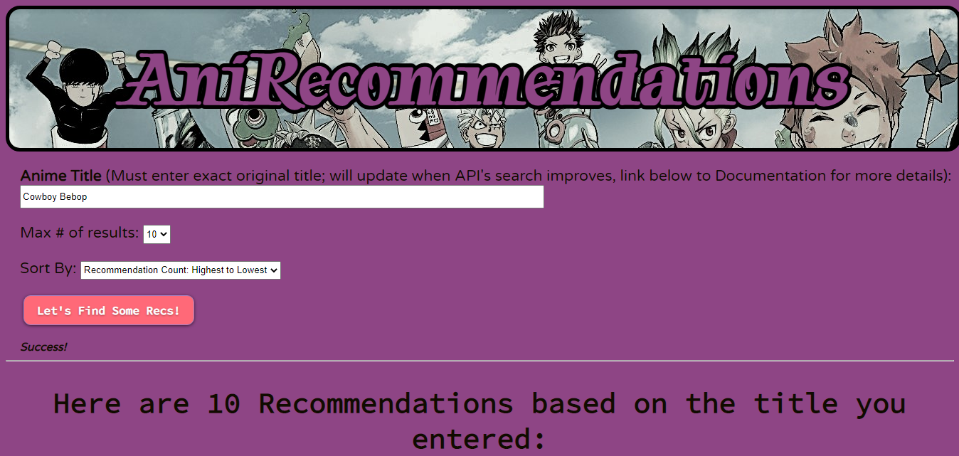 screenshot of AniRecommendations